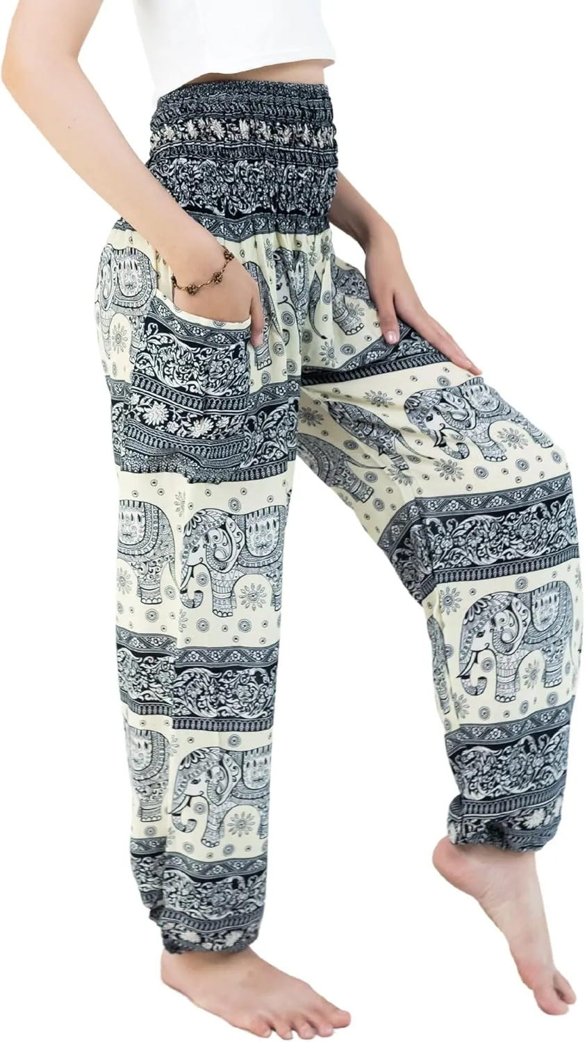 VIENG PING, Premium Rayon High-Waisted Boho Elephant Print Trousers Smocked Waist Harem Casual Yoga Pants for Women