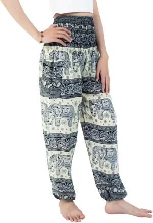 VIENG PING, Premium Rayon High-Waisted Boho Elephant Print Trousers Smocked Waist Harem Casual Yoga Pants for Women