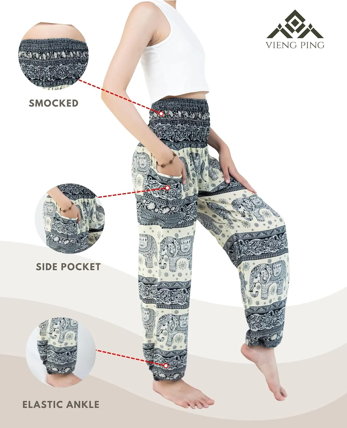 VIENG PING, Premium Rayon High-Waisted Boho Elephant Print Trousers Smocked Waist Harem Casual Yoga Pants for Women