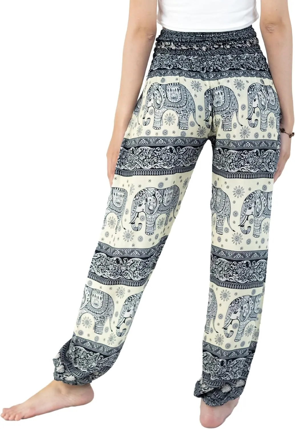 VIENG PING, Premium Rayon High-Waisted Boho Elephant Print Trousers Smocked Waist Harem Casual Yoga Pants for Women