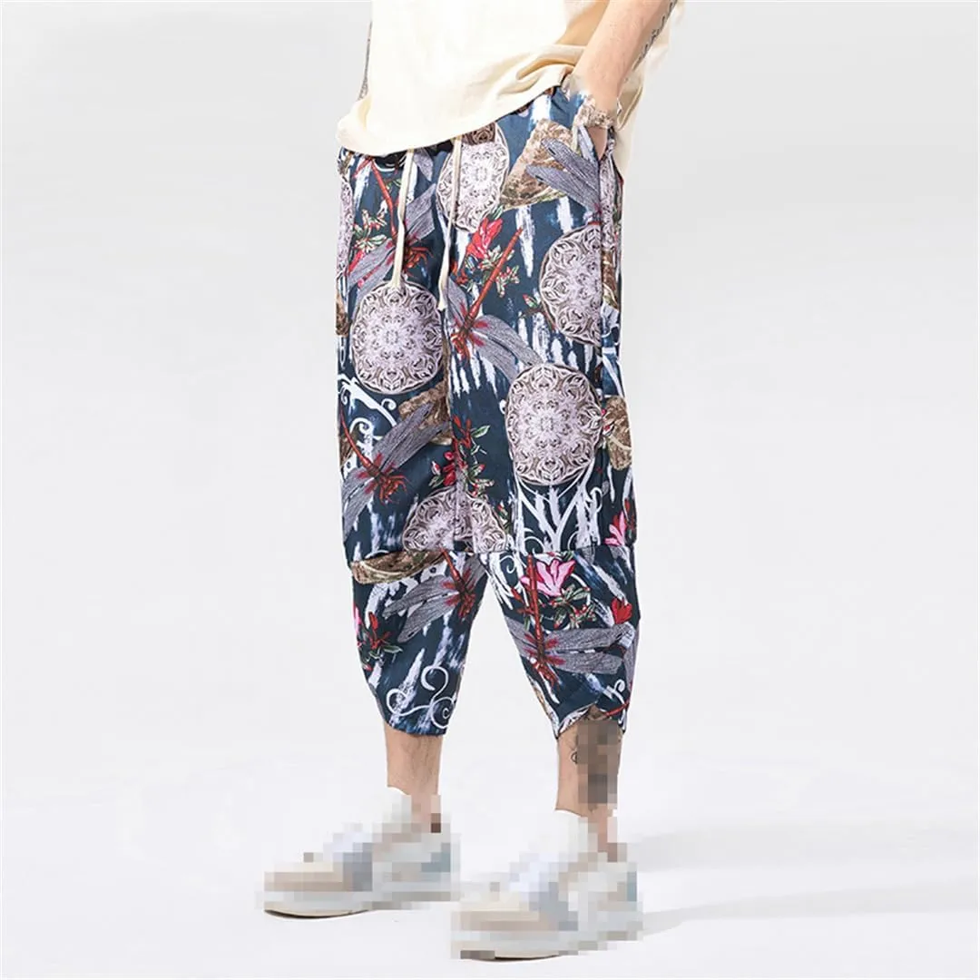 Vintage Baggy Man Harem Pants Pocket Men Hip-Hop Harem Casual Floral Pants Wide Leg Trousers