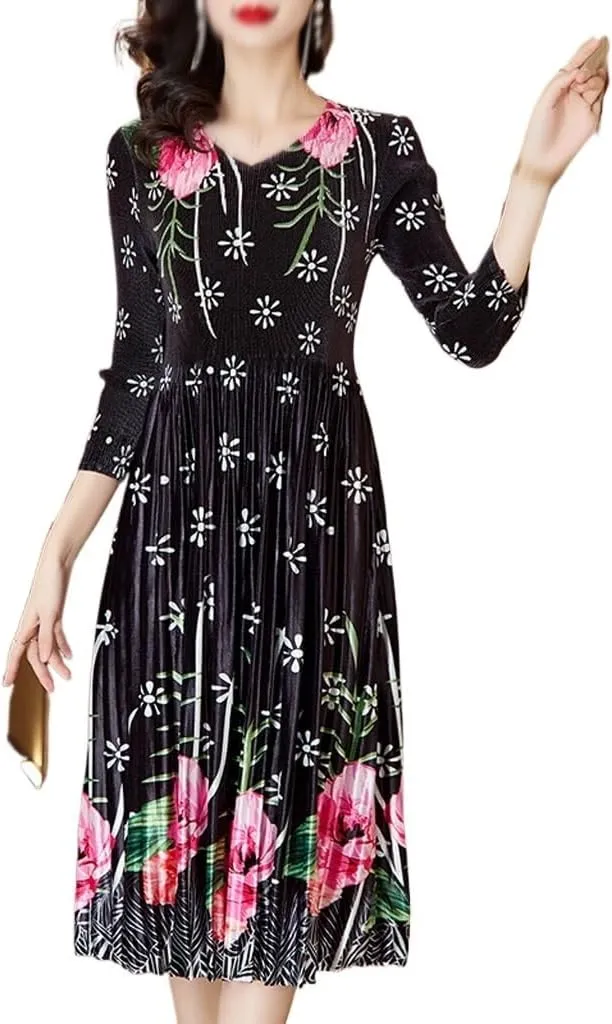 Vintage Printed Gold Velvet Pleated Dress Women's Fall Slim Long Skirt