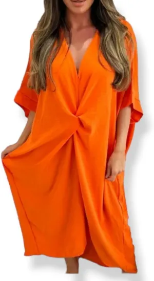 WearAll Women Tie Knot Twist V-Neck Oversized Long Summer Smock Midi Dress Ladies Plain Batwing Sleeve Baggy Plus Size 8-18