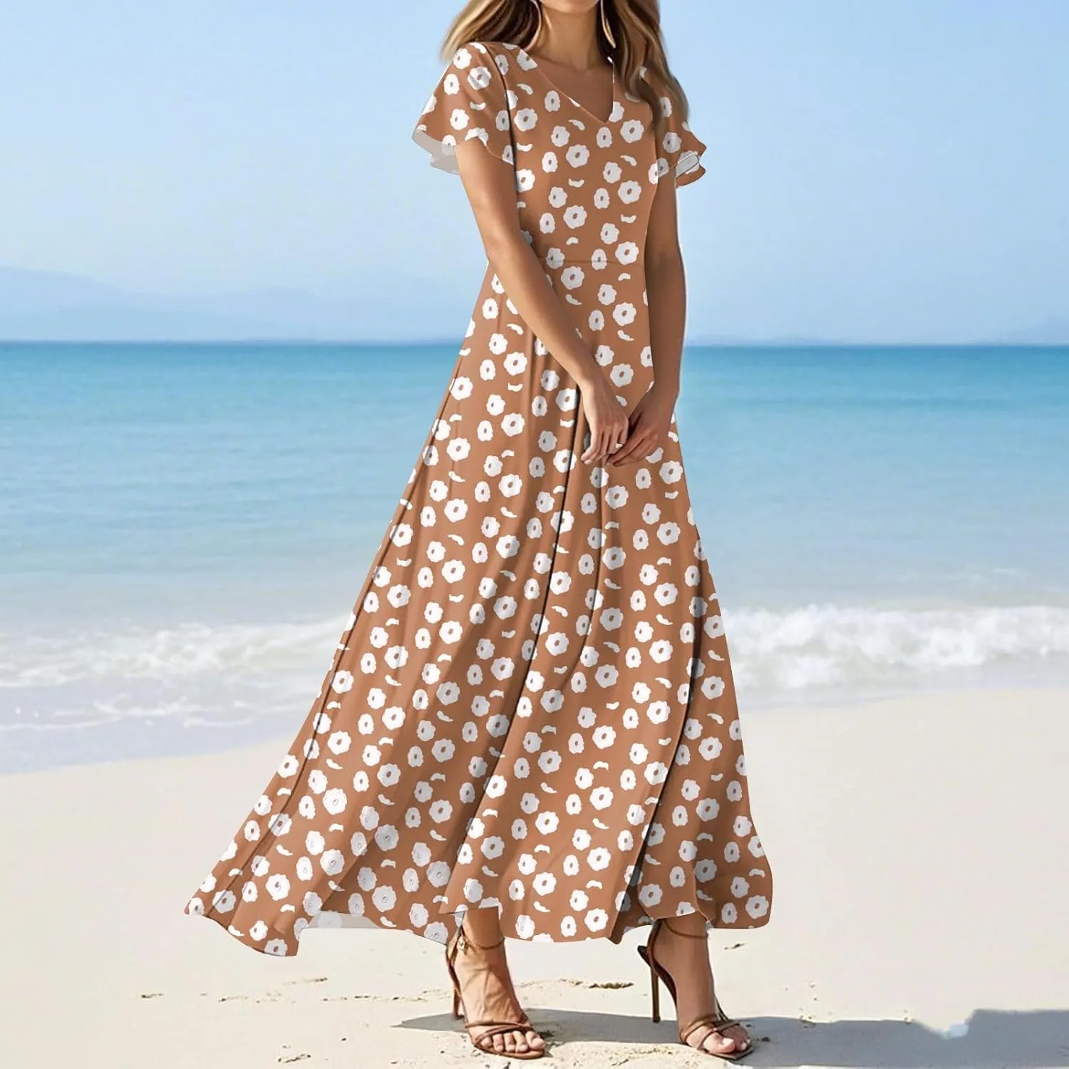 Wedding GTuest Dresses for Women 2025 Boho Multi Style Maxi Dress Flowy Dress Casual V Neck Short Sleeve Graphic Long Dress