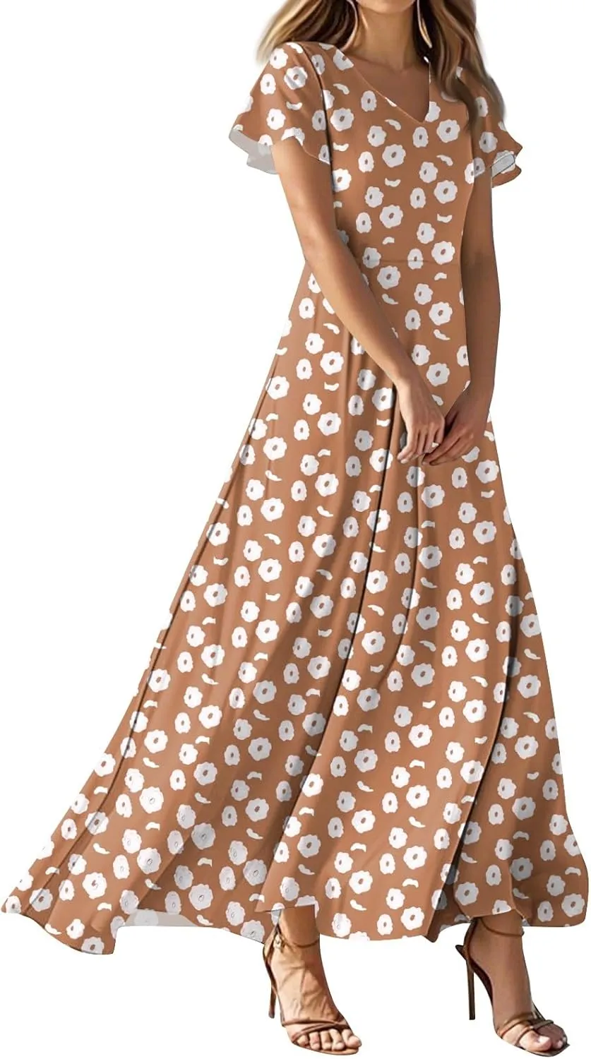 Wedding GTuest Dresses for Women 2025 Boho Multi Style Maxi Dress Flowy Dress Casual V Neck Short Sleeve Graphic Long Dress