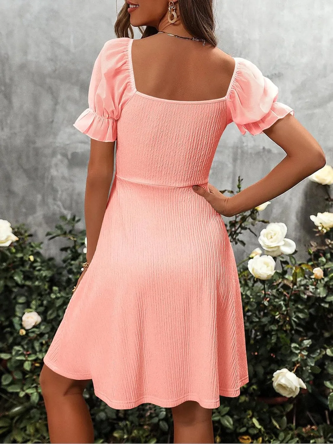 Wenrine Womens Summer Short Puff Sleeve Mini Dresses Drawstring Sweetheart Neck Casual Slim Flowy Dress Sundress