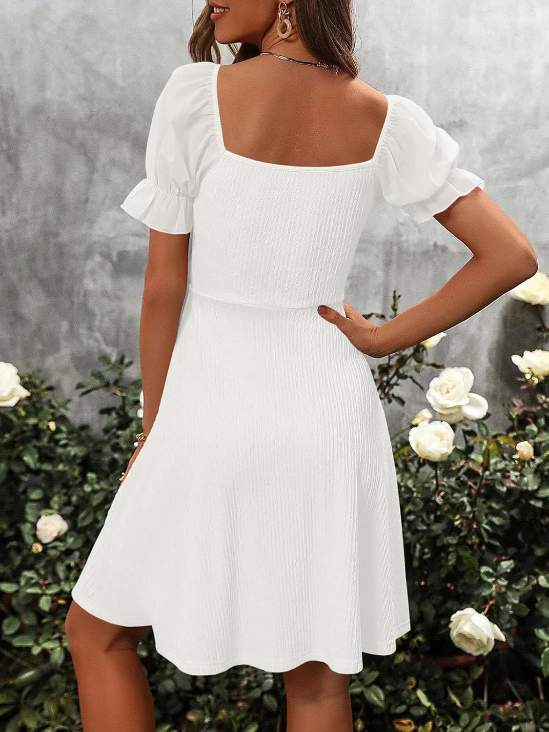 Wenrine Womens Summer Short Puff Sleeve Mini Dresses Drawstring Sweetheart Neck Casual Slim Flowy Dress Sundress