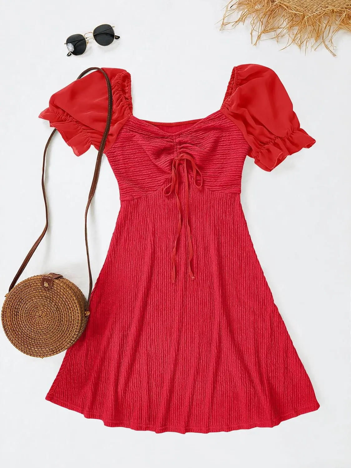Wenrine Womens Summer Short Puff Sleeve Mini Dresses Drawstring Sweetheart Neck Casual Slim Flowy Dress Sundress