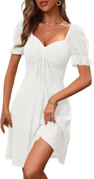 Wenrine Womens Summer Short Puff Sleeve Mini Dresses Drawstring Sweetheart Neck Casual Slim Flowy Dress Sundress