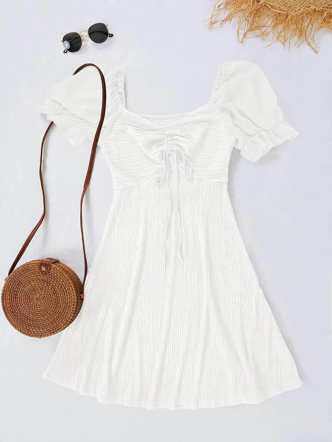 Wenrine Womens Summer Short Puff Sleeve Mini Dresses Drawstring Sweetheart Neck Casual Slim Flowy Dress Sundress