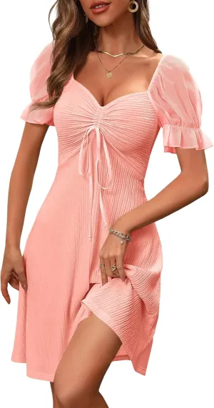 Wenrine Womens Summer Short Puff Sleeve Mini Dresses Drawstring Sweetheart Neck Casual Slim Flowy Dress Sundress