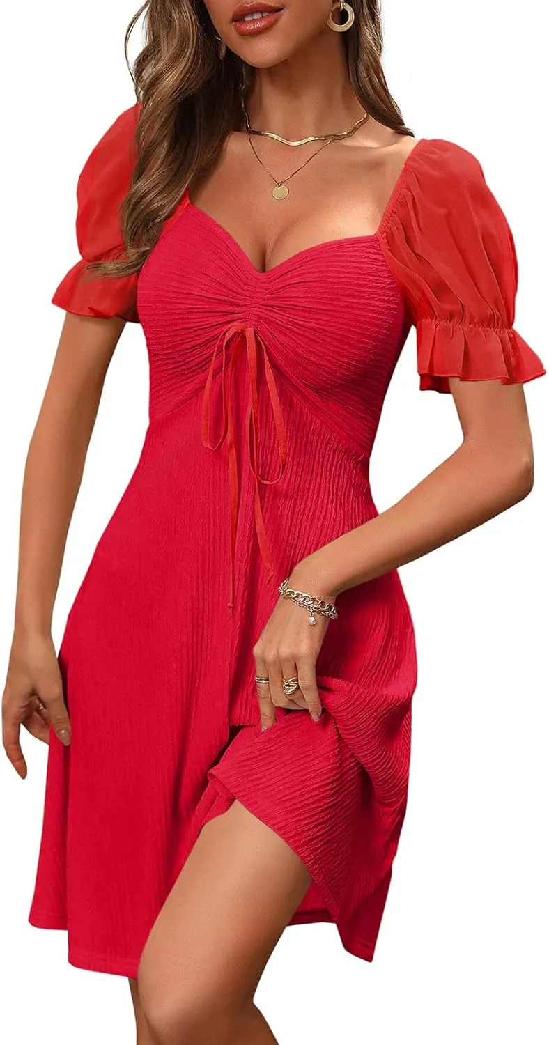 Wenrine Womens Summer Short Puff Sleeve Mini Dresses Drawstring Sweetheart Neck Casual Slim Flowy Dress Sundress