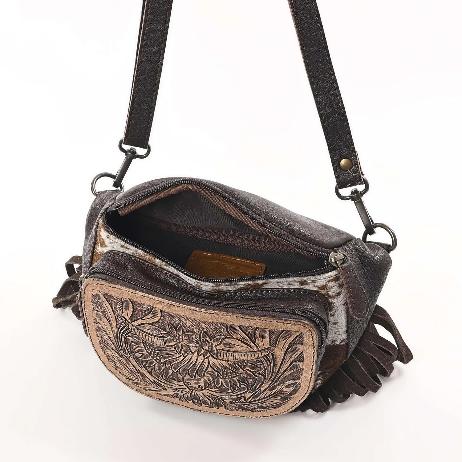 Western Fashion Waist Pouch for Women - Brown Genuine Cowhide Tooled Leather Highland Cow Fenny Bag with Suede Fringes Cowgirl Fenny Bag