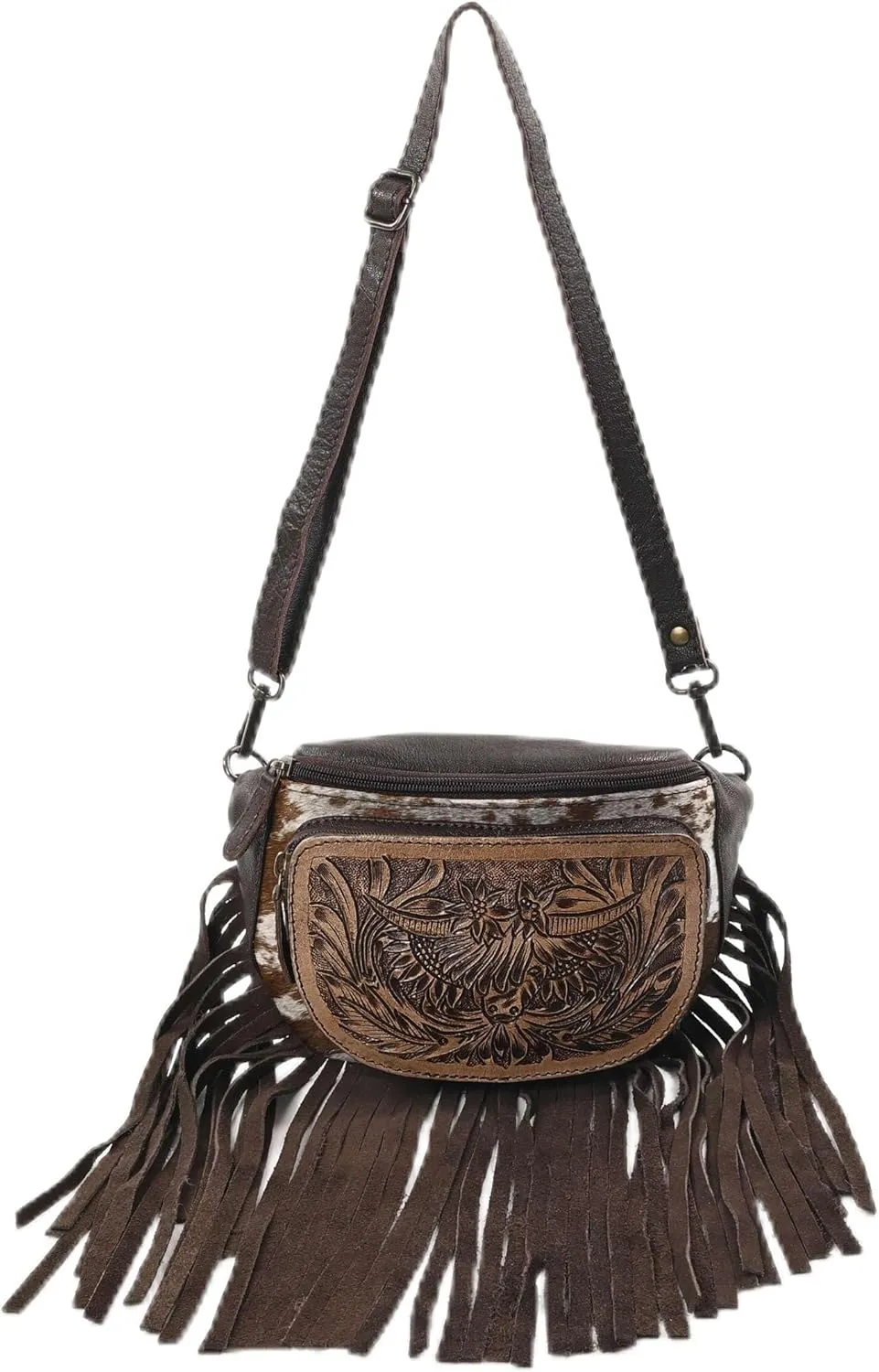 Western Fashion Waist Pouch for Women - Brown Genuine Cowhide Tooled Leather Highland Cow Fenny Bag with Suede Fringes Cowgirl Fenny Bag