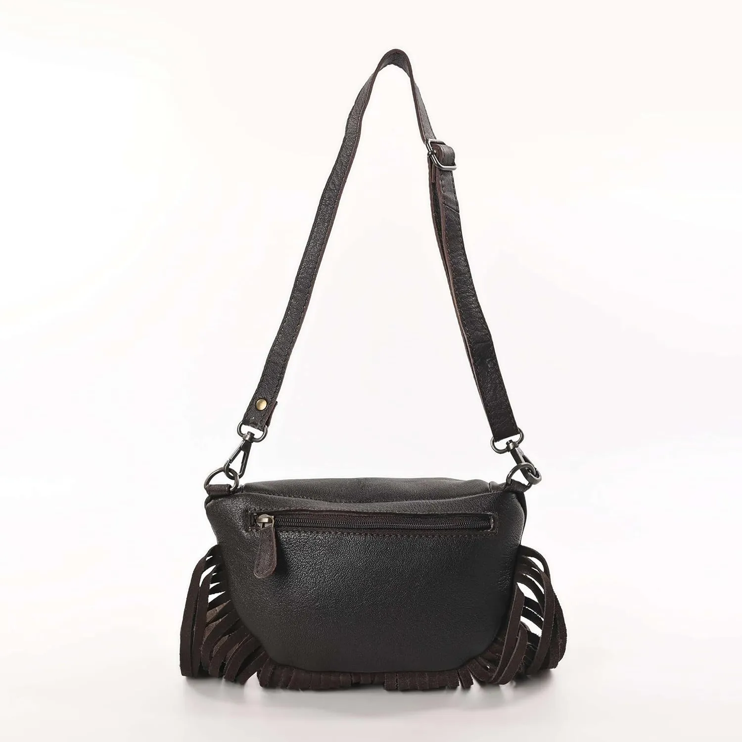 Western Fashion Waist Pouch for Women - Brown Genuine Cowhide Tooled Leather Highland Cow Fenny Bag with Suede Fringes Cowgirl Fenny Bag