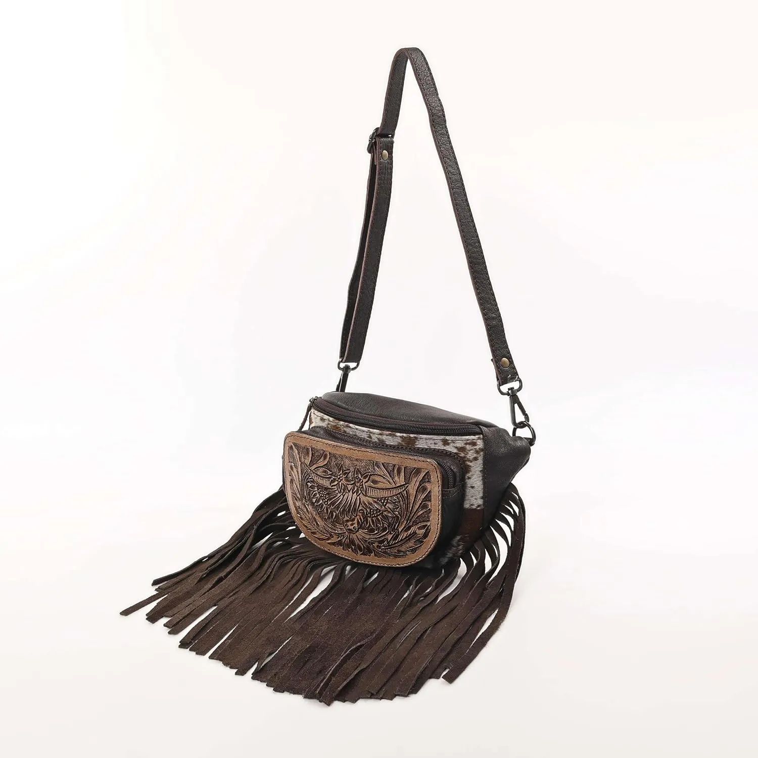 Western Fashion Waist Pouch for Women - Brown Genuine Cowhide Tooled Leather Highland Cow Fenny Bag with Suede Fringes Cowgirl Fenny Bag