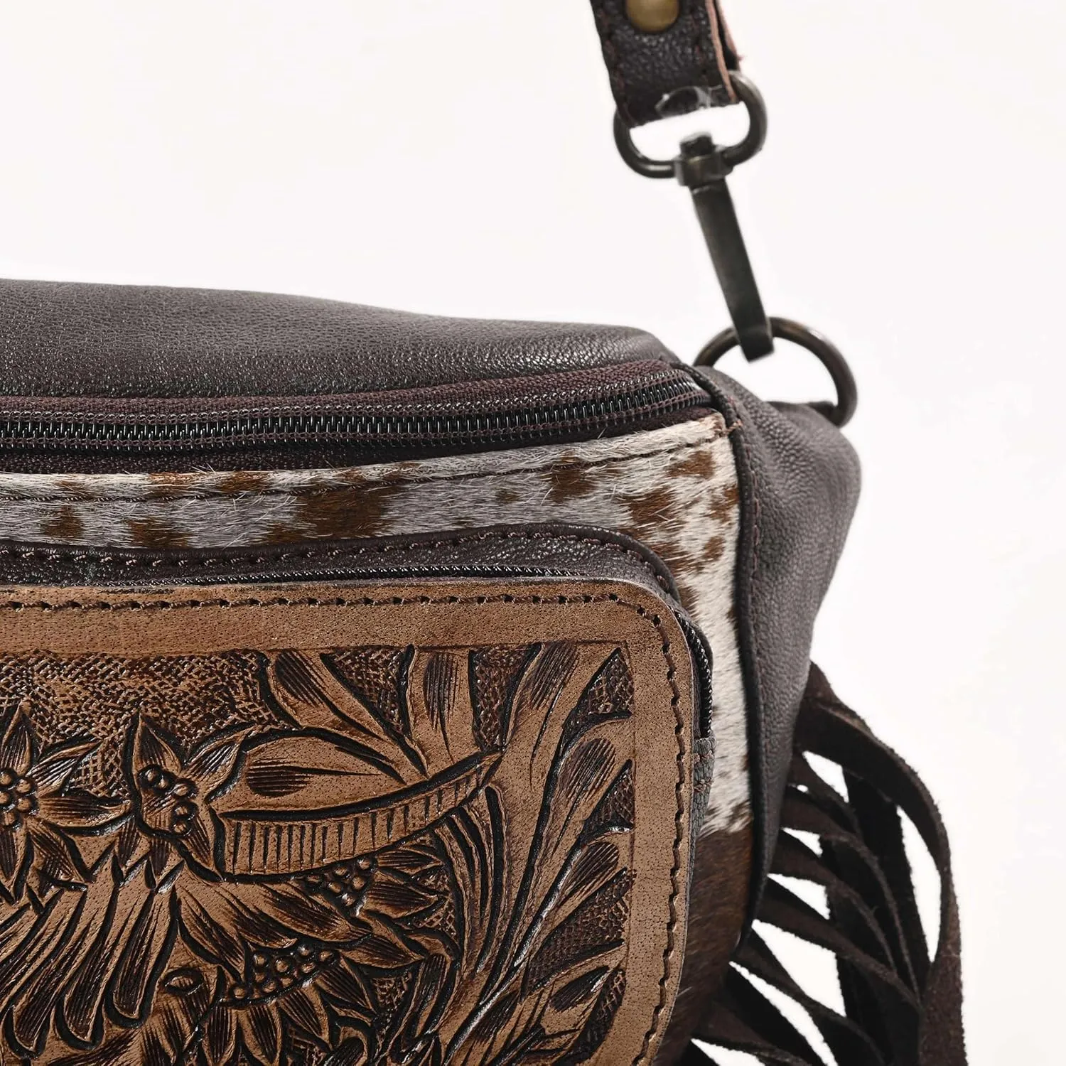 Western Fashion Waist Pouch for Women - Brown Genuine Cowhide Tooled Leather Highland Cow Fenny Bag with Suede Fringes Cowgirl Fenny Bag