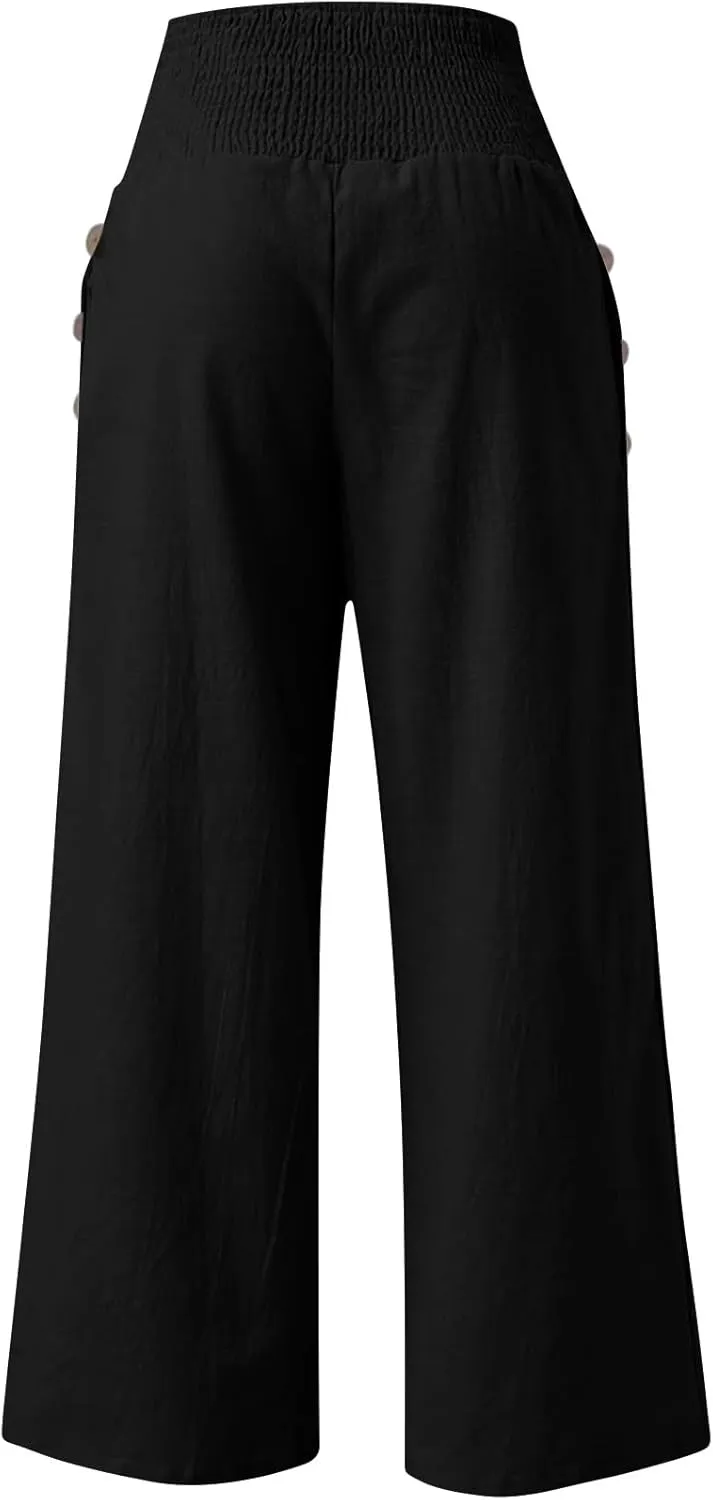 Wide Leg Linen Lounge Pants for Woman Smocked Elastic High Waisted Casual Palazzo Casual Long Trousers with Pocket