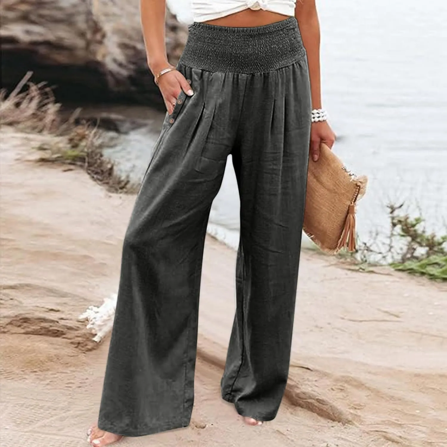 Wide Leg Linen Lounge Pants for Woman Smocked Elastic High Waisted Casual Palazzo Casual Long Trousers with Pocket