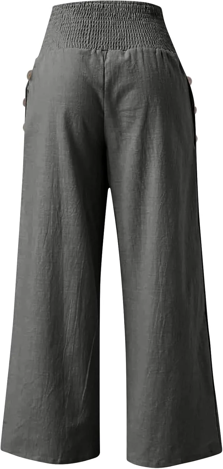 Wide Leg Linen Lounge Pants for Woman Smocked Elastic High Waisted Casual Palazzo Casual Long Trousers with Pocket