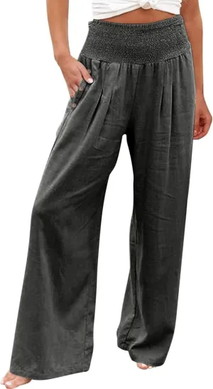 Wide Leg Linen Lounge Pants for Woman Smocked Elastic High Waisted Casual Palazzo Casual Long Trousers with Pocket