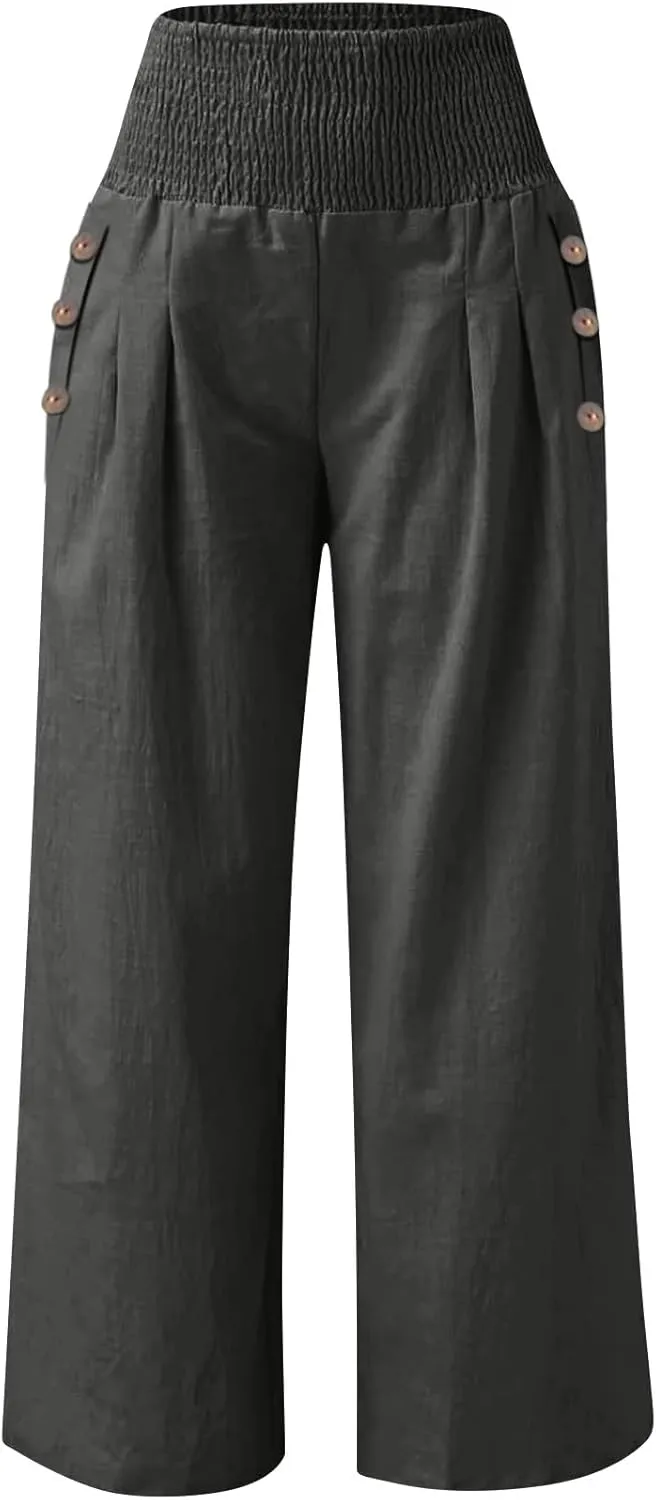 Wide Leg Linen Lounge Pants for Woman Smocked Elastic High Waisted Casual Palazzo Casual Long Trousers with Pocket