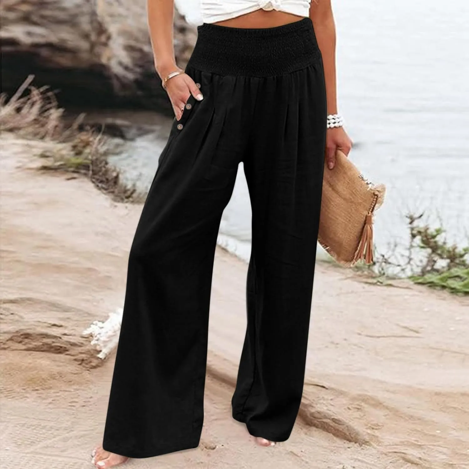 Wide Leg Linen Lounge Pants for Woman Smocked Elastic High Waisted Casual Palazzo Casual Long Trousers with Pocket