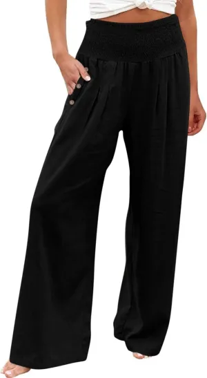 Wide Leg Linen Lounge Pants for Woman Smocked Elastic High Waisted Casual Palazzo Casual Long Trousers with Pocket