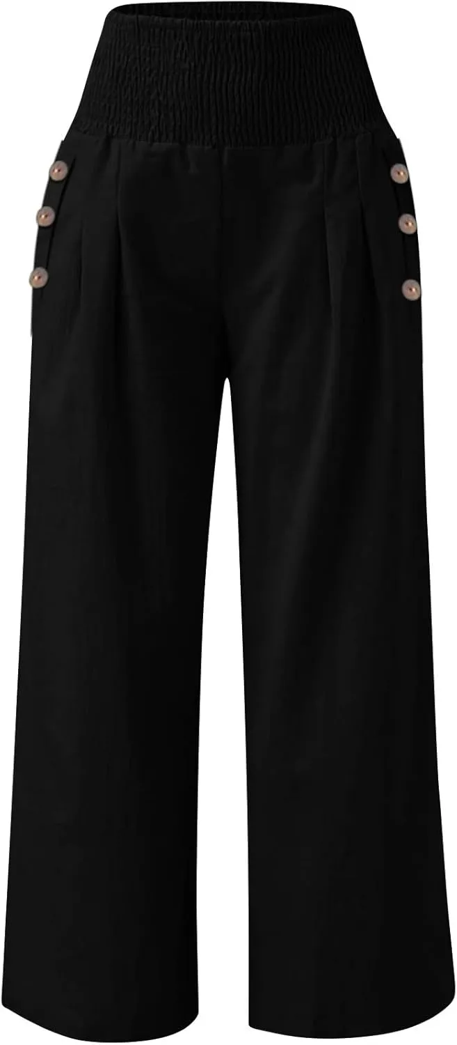 Wide Leg Linen Lounge Pants for Woman Smocked Elastic High Waisted Casual Palazzo Casual Long Trousers with Pocket