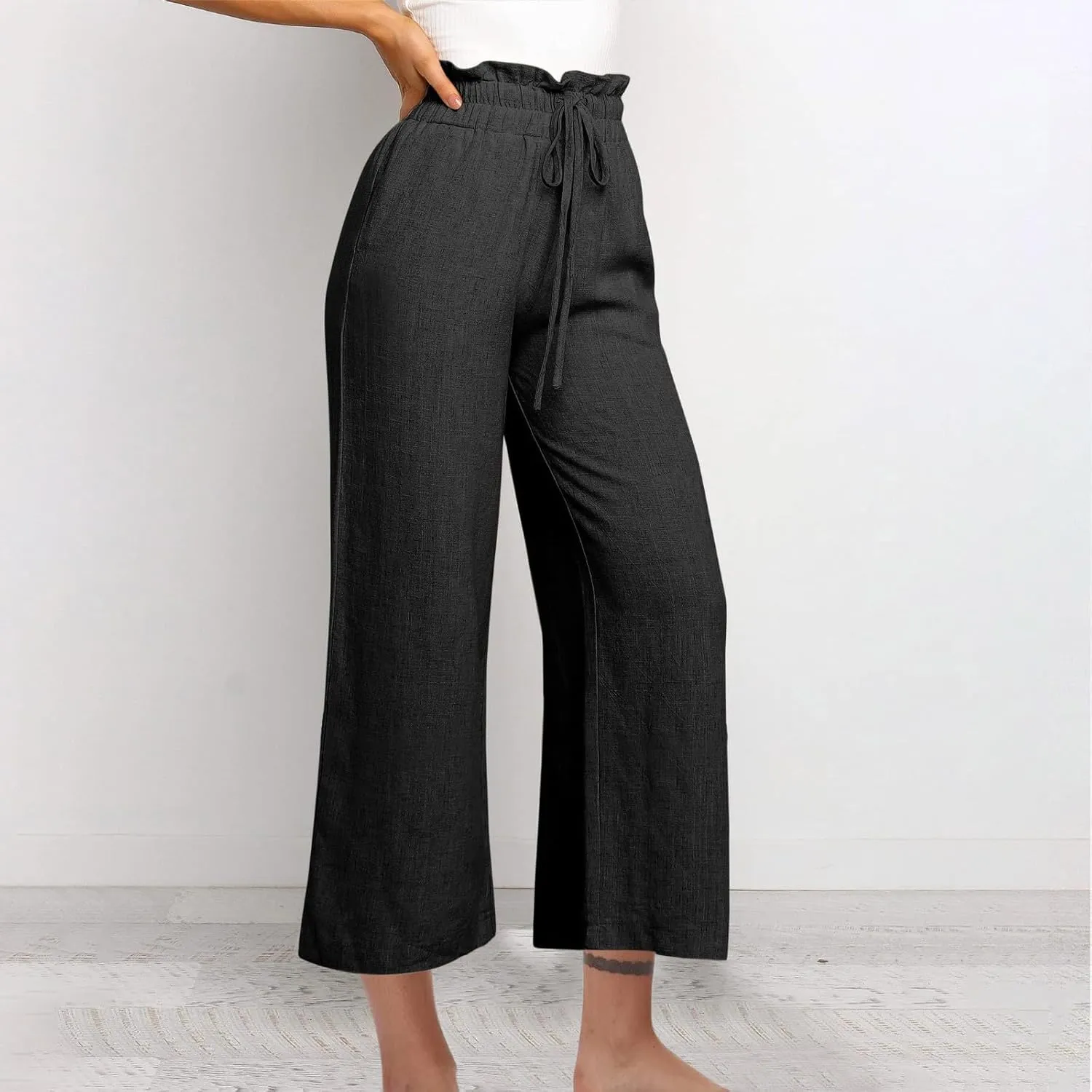 Wide Leg Linen Pants Women Drawstring Ruffle High Waisted Cropped Palazzo Pants Summer Casual Trousers with Pockets
