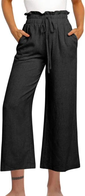 Wide Leg Linen Pants Women Drawstring Ruffle High Waisted Cropped Palazzo Pants Summer Casual Trousers with Pockets