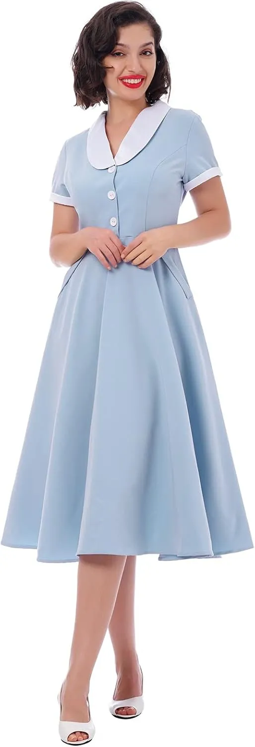 Women 1950s Vintage Short Sleeve Peter Pan Collar Retro Swing A Line Midi Summer Dress Cocktail Party Evening Prom Gown