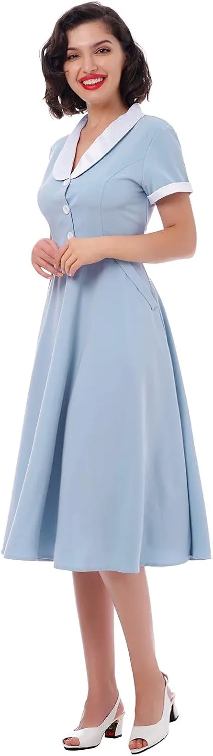 Women 1950s Vintage Short Sleeve Peter Pan Collar Retro Swing A Line Midi Summer Dress Cocktail Party Evening Prom Gown