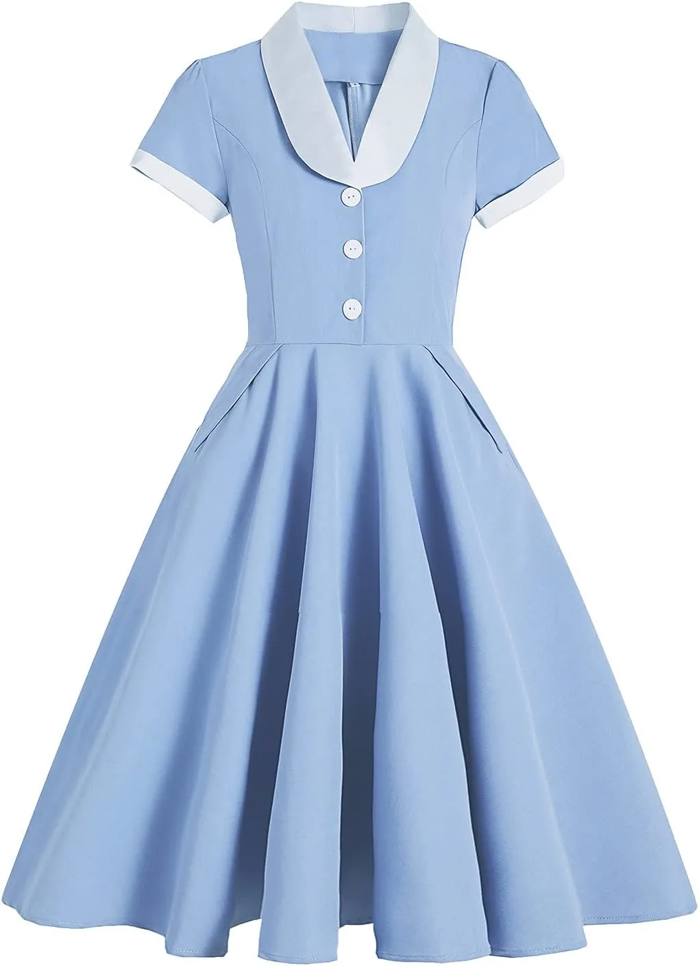Women 1950s Vintage Short Sleeve Peter Pan Collar Retro Swing A Line Midi Summer Dress Cocktail Party Evening Prom Gown