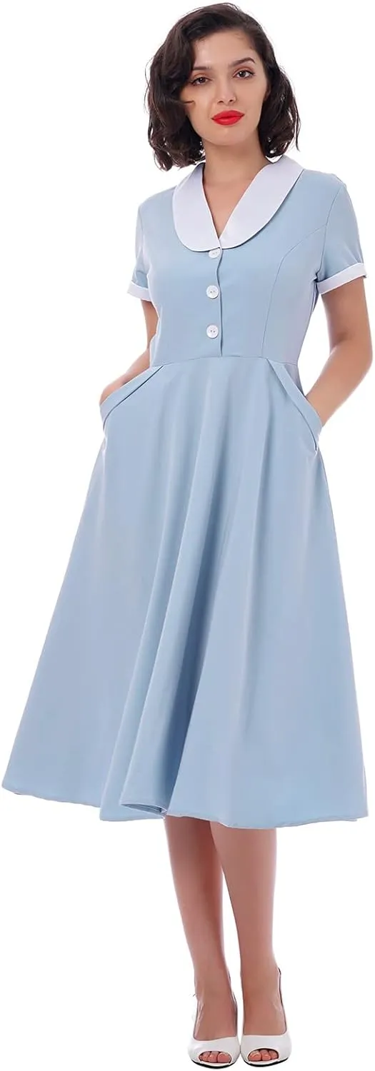 Women 1950s Vintage Short Sleeve Peter Pan Collar Retro Swing A Line Midi Summer Dress Cocktail Party Evening Prom Gown