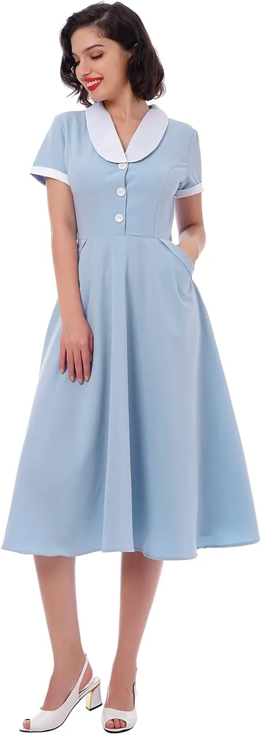 Women 1950s Vintage Short Sleeve Peter Pan Collar Retro Swing A Line Midi Summer Dress Cocktail Party Evening Prom Gown