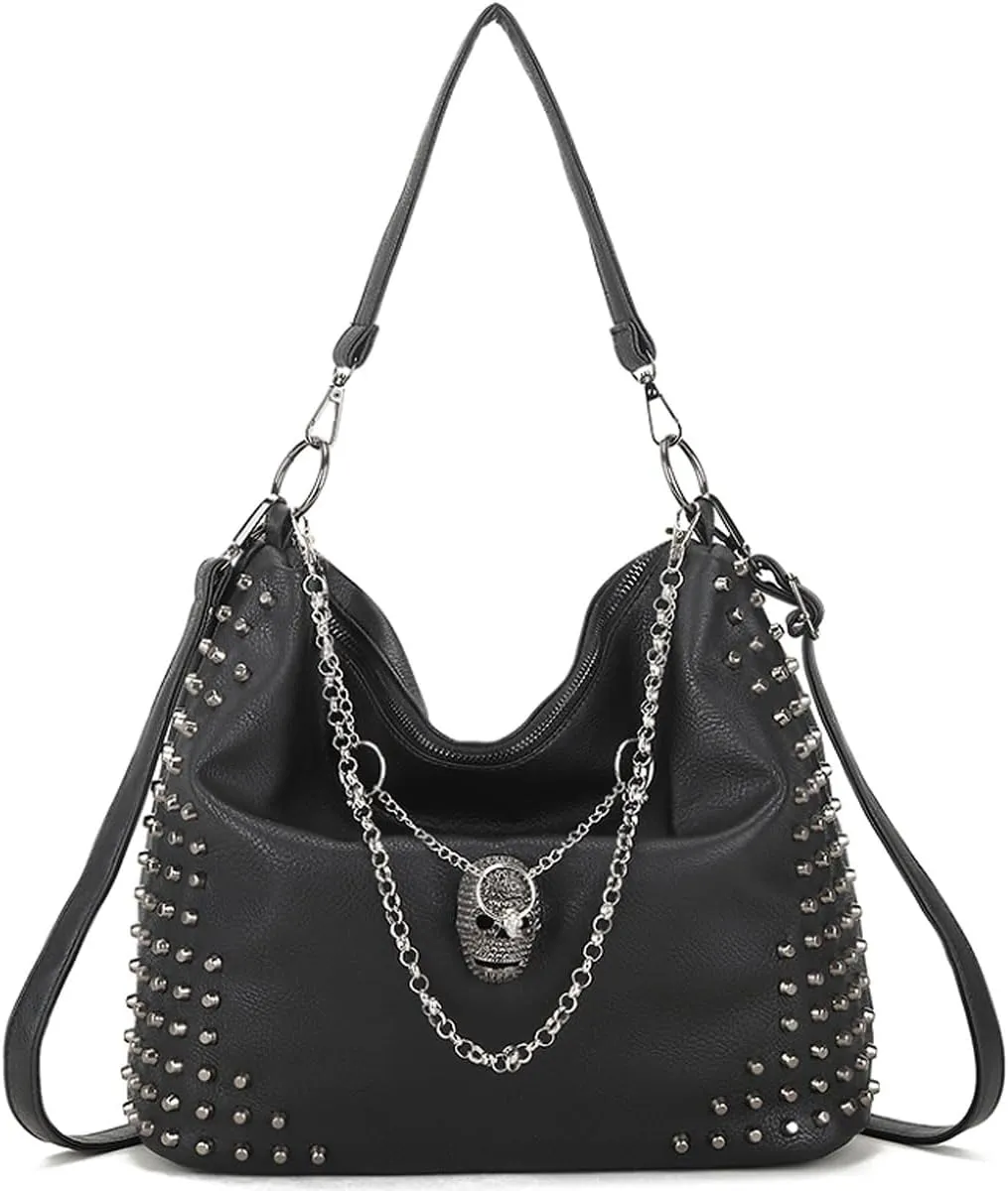 Women 3D Skull Tote Bag Rivet Studded Handbag PU Leather Purse Chain Shoulder Bag Fashion Top-Handle Satchel, One Color, One Size