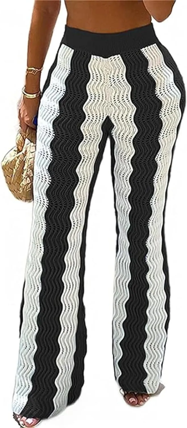 Women Block Stripe Crochet Beach Pants High Waist Hollow Out Pants Knitted Trousers