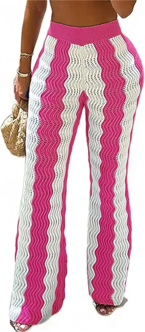 Women Block Stripe Crochet Beach Pants High Waist Hollow Out Pants Knitted Trousers