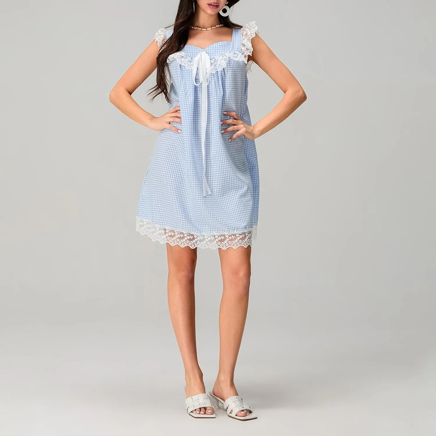 Women Bow Tie Up Sleeveless Short Dress Cute Pleated Ruffle Hem Flowy Mini Dress Summer Floral Print Tank Dresses