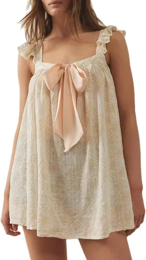 Women Bow Tie Up Sleeveless Short Dress Cute Pleated Ruffle Hem Flowy Mini Dress Summer Floral Print Tank Dresses