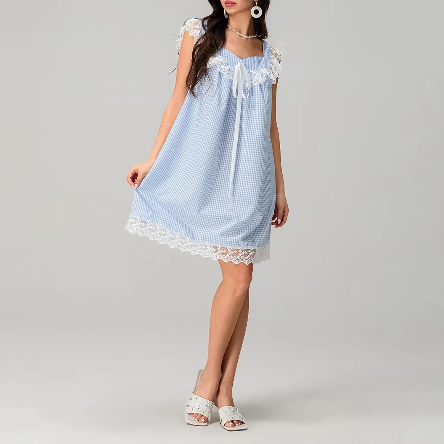 Women Bow Tie Up Sleeveless Short Dress Cute Pleated Ruffle Hem Flowy Mini Dress Summer Floral Print Tank Dresses