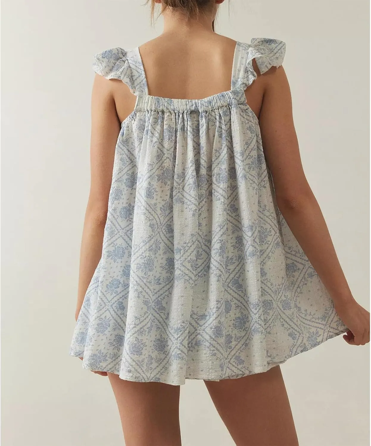 Women Bow Tie Up Sleeveless Short Dress Cute Pleated Ruffle Hem Flowy Mini Dress Summer Floral Print Tank Dresses