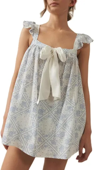 Women Bow Tie Up Sleeveless Short Dress Cute Pleated Ruffle Hem Flowy Mini Dress Summer Floral Print Tank Dresses