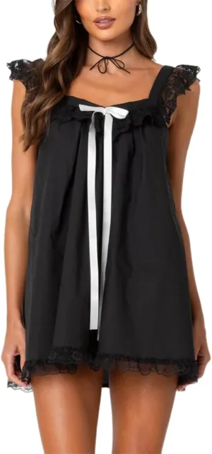 Women Bow Tie Up Sleeveless Short Dress Cute Pleated Ruffle Hem Flowy Mini Dress Summer Floral Print Tank Dresses