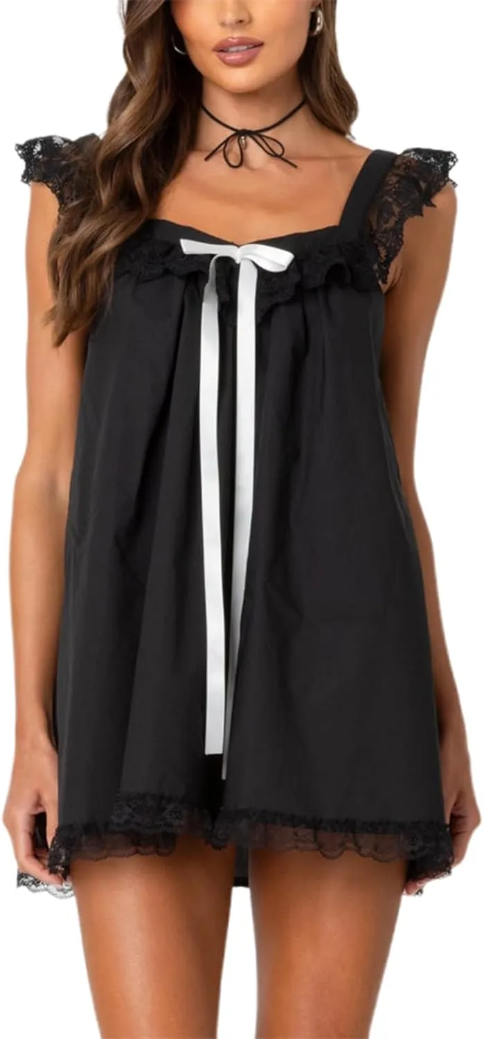 Women Bow Tie Up Sleeveless Short Dress Cute Pleated Ruffle Hem Flowy Mini Dress Summer Floral Print Tank Dresses