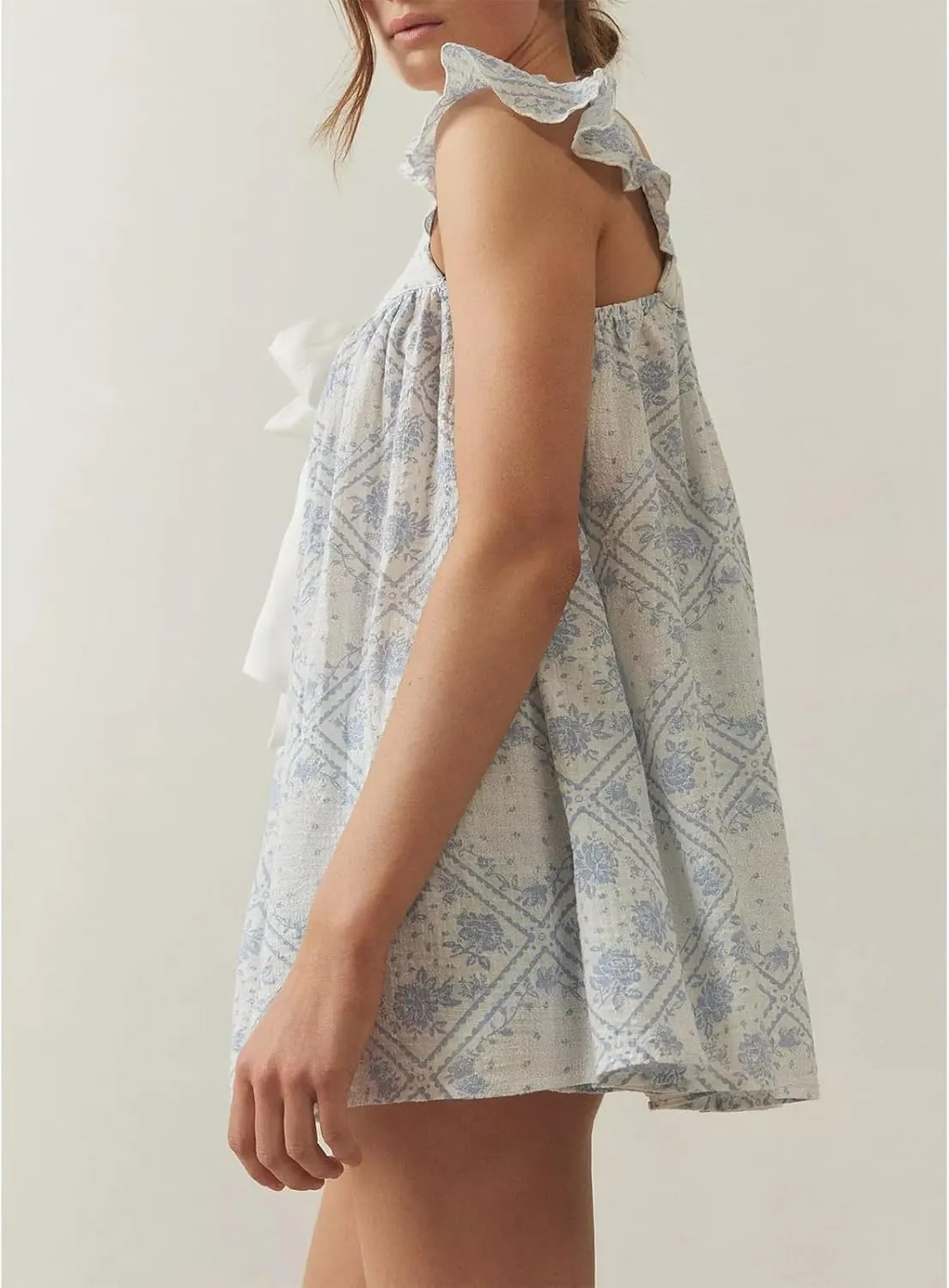 Women Bow Tie Up Sleeveless Short Dress Cute Pleated Ruffle Hem Flowy Mini Dress Summer Floral Print Tank Dresses