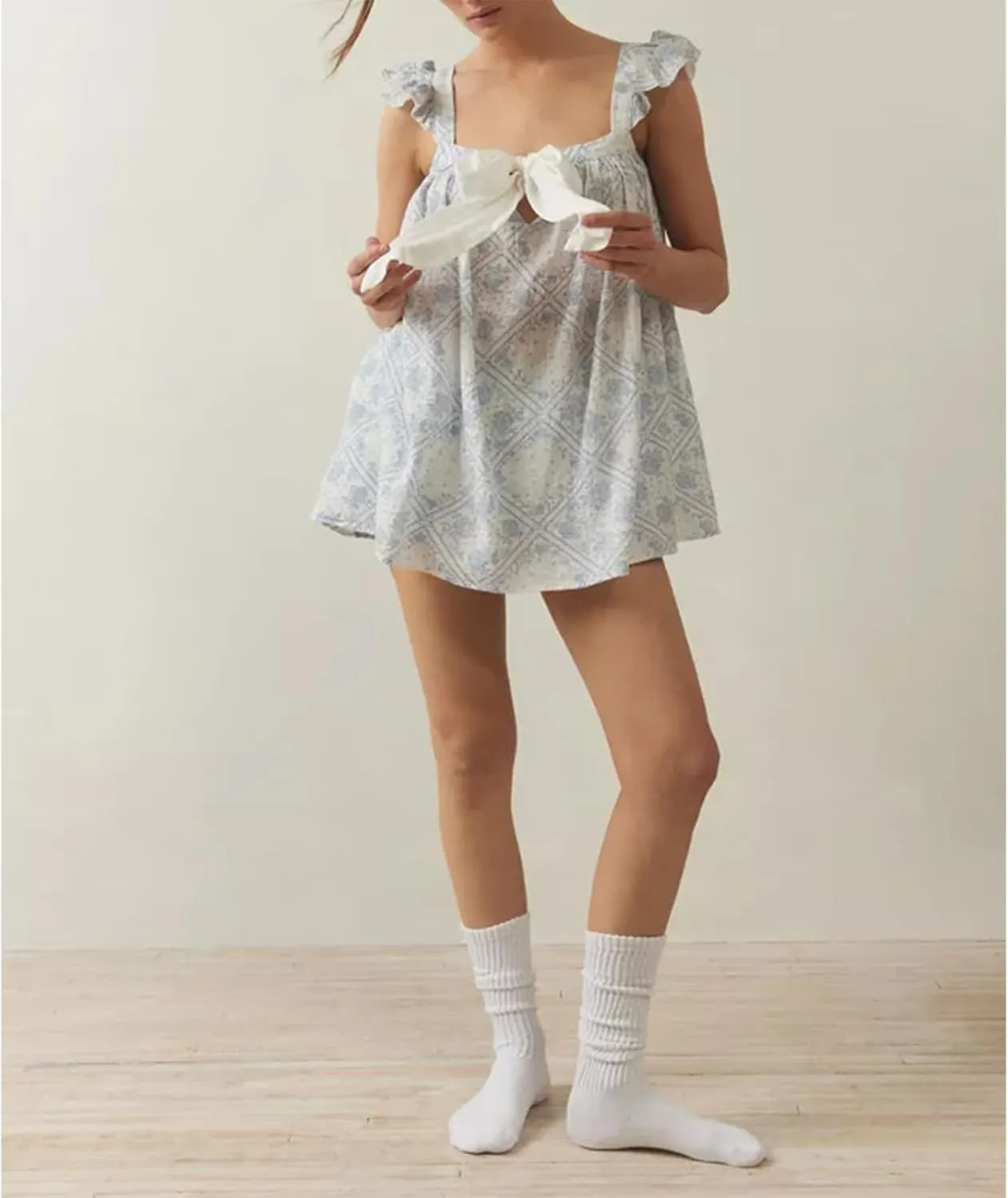 Women Bow Tie Up Sleeveless Short Dress Cute Pleated Ruffle Hem Flowy Mini Dress Summer Floral Print Tank Dresses