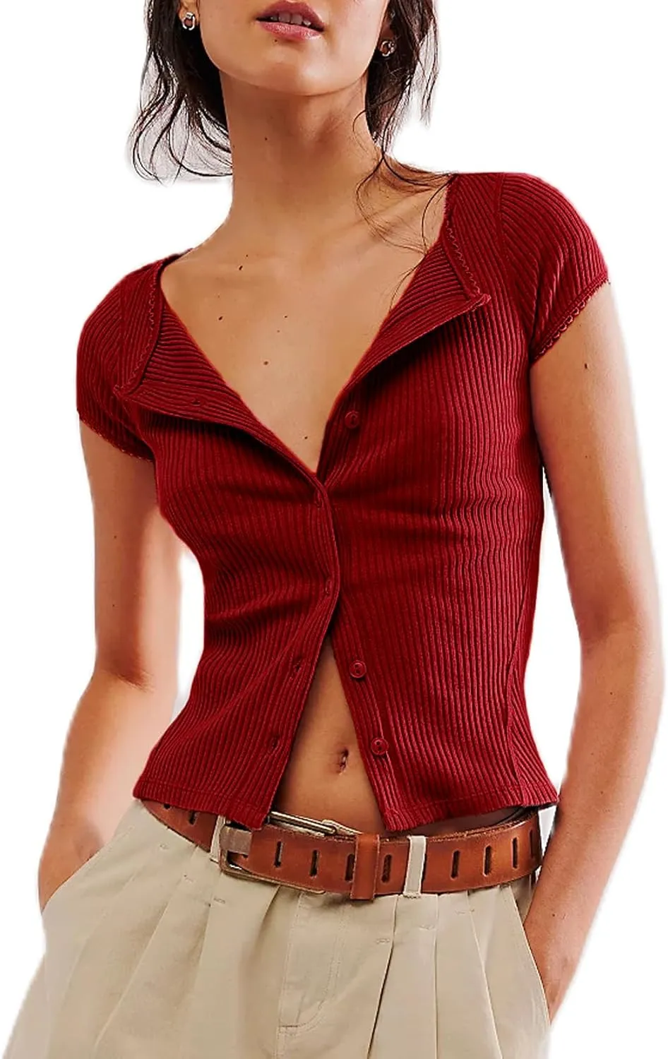 Women Button Up Top Cap Sleeve Rib Kint Picot Trim Shirt Slim Fit Y2k Casual Basic Cardigan Tops