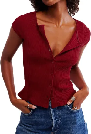 Women Button Up Top Cap Sleeve Rib Kint Picot Trim Shirt Slim Fit Y2k Casual Basic Cardigan Tops